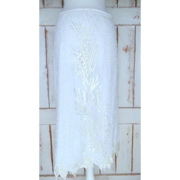 Vintage silk white / light ivory beaded floral sequin pencil skirt - Picture 7 of 9